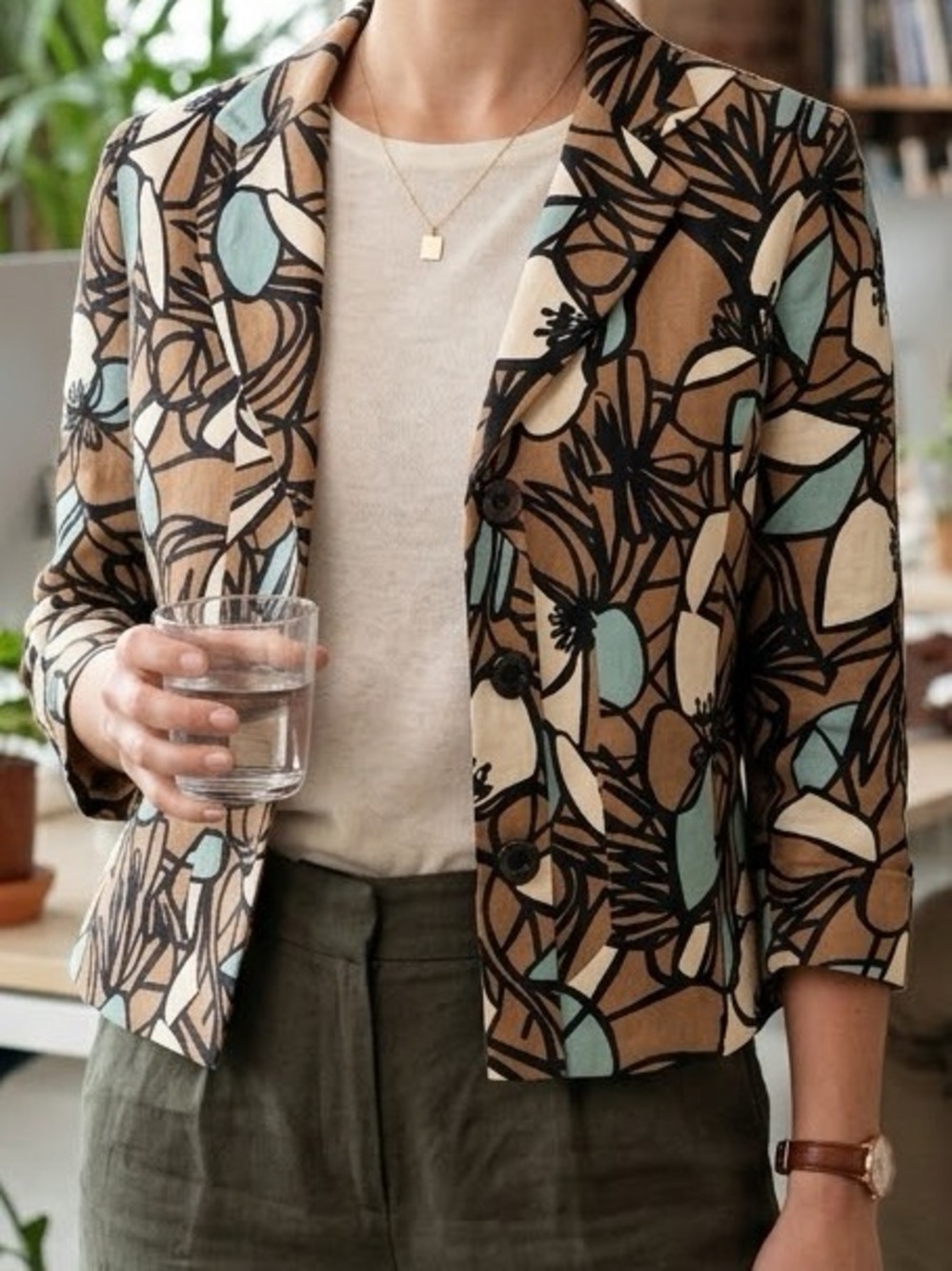 Vintage Linen Lightweight Graphic Abstract Print Cropped Jacket Blazer MP